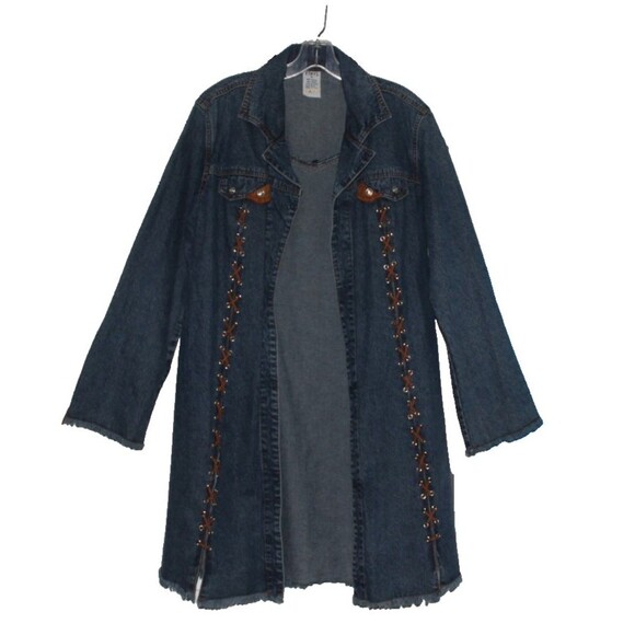 Vintage ETHYL Blue Denim Midi Jacket Leather Braiding Collar Coat Sz L - Picture 1 of 7